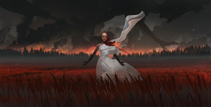Woman in white dress in burning field