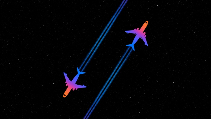 Two minimalist airplanes in space with light trails