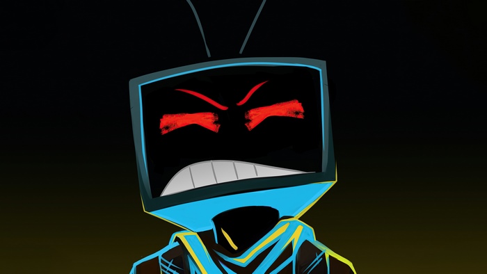 Character with TV head and red angry eyes