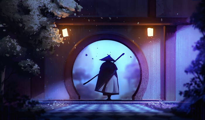 Samurai in a traditional Japanese garden at night