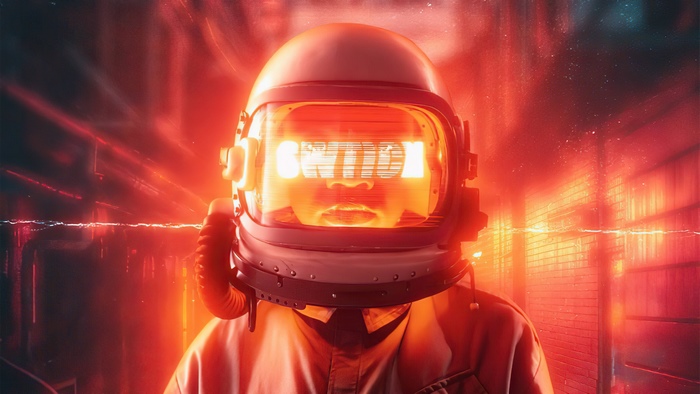 Astronaut with "SWICH" text on helmet visor