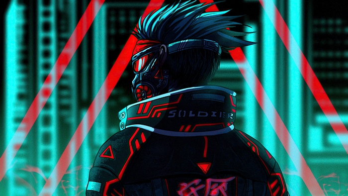 Futuristic Soldier with Gas Mask in Neon City 4K