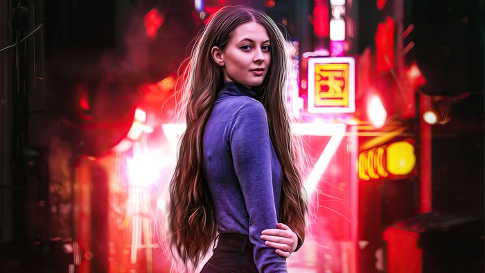 Woman in a purple turtleneck in a neon city