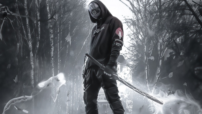 Warrior with sword in a dark forest