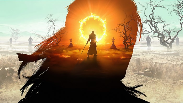 Samurai warrior in a fiery portal