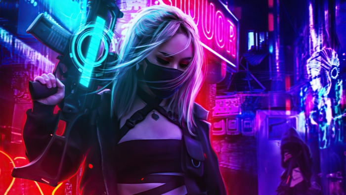 Cyberpunk girl with futuristic neon gun