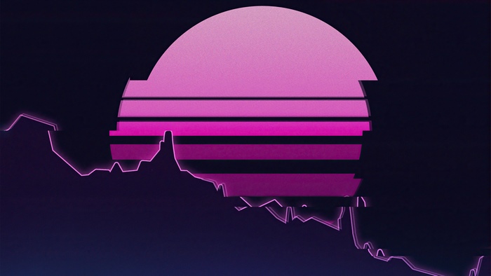 Retrowave digital art with neon sunset and mountain silhouette