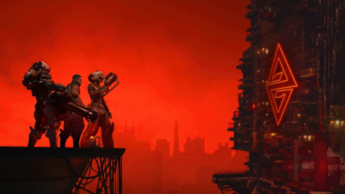 The Ascent characters on a platform with city background