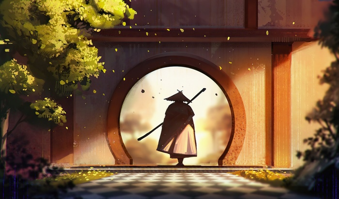 Samurai with a staff in a temple archway