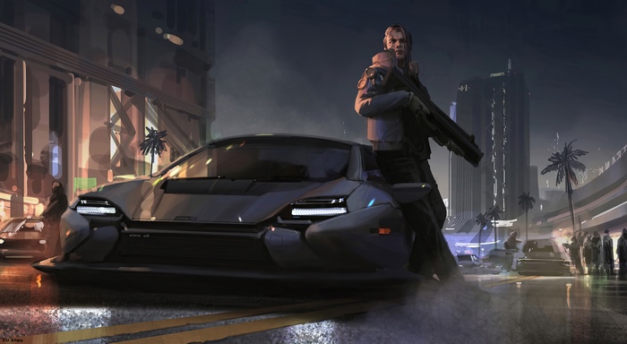 Man with gun next to futuristic car in city