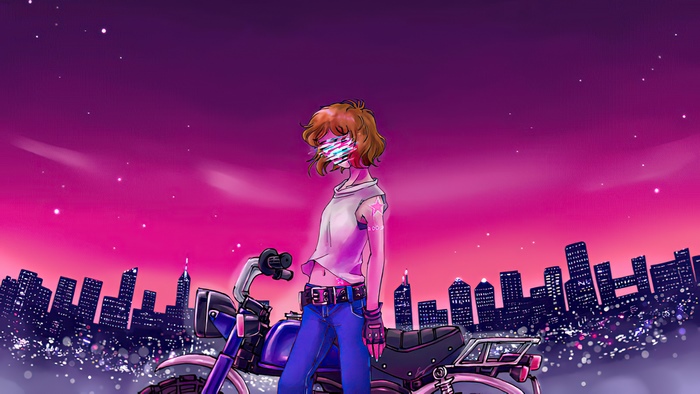 Synthwave biker artwork with cityscape