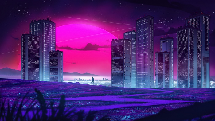 Synthwave cityscape with a lone figure on a hill