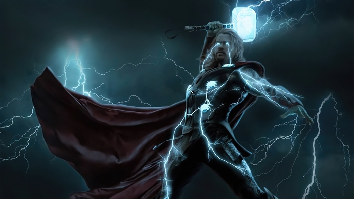 Thor from Marvel with Mjolnir and lightning