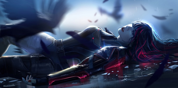Woman in futuristic armor with crows