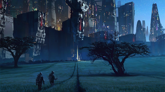 Sci-fi city with two figures in a field