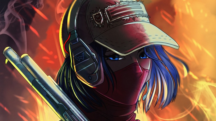 Artwork of a woman with blue hair and headphones