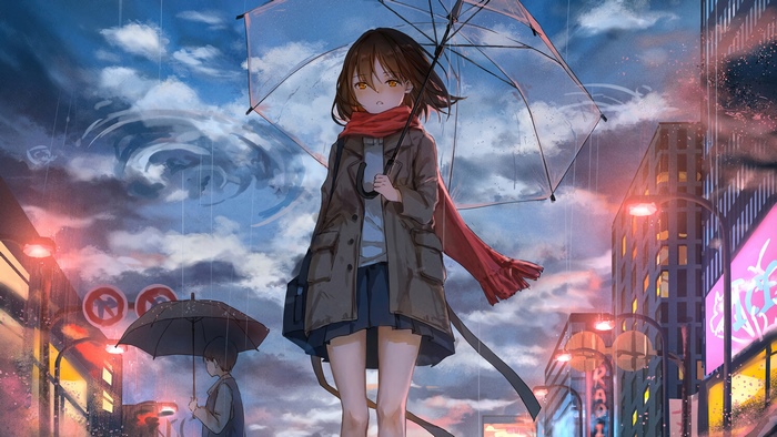 Anime girl with umbrella in the rain