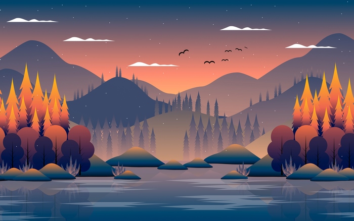 Digital art landscape with mountains and lake