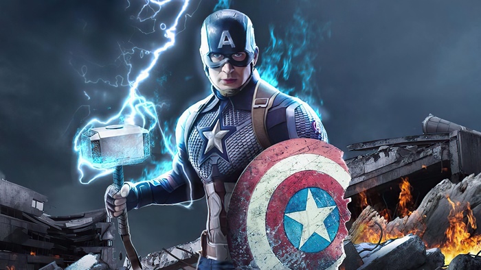 Captain America with Mjolnir and Shield in Ruins