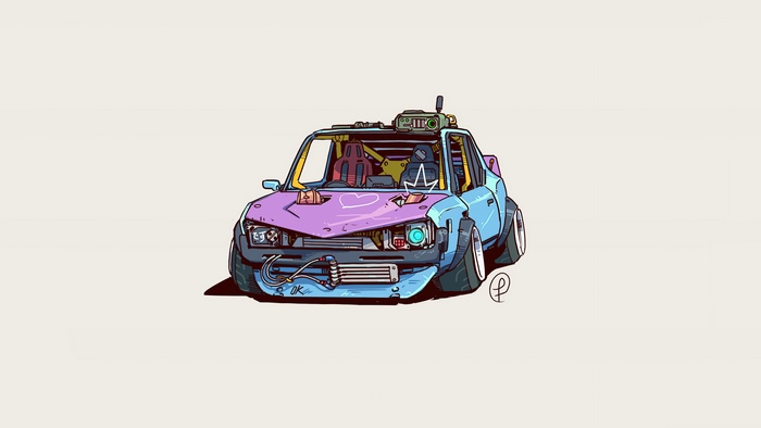 Cyberpunk car artwork with racing seats and custom modifications