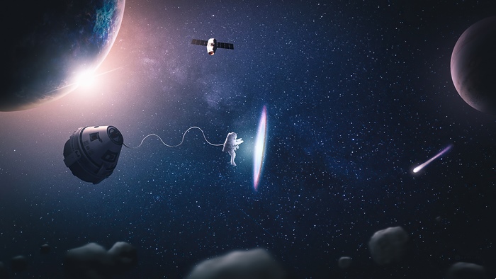 Astronaut near a portal with planets and a satellite