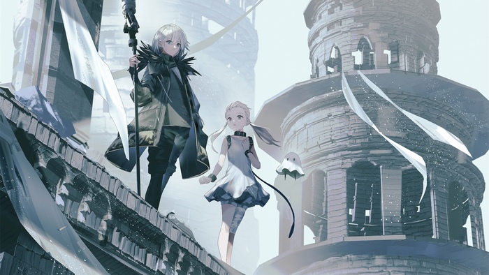 Characters from Nier Reincarnation on a ruined structure