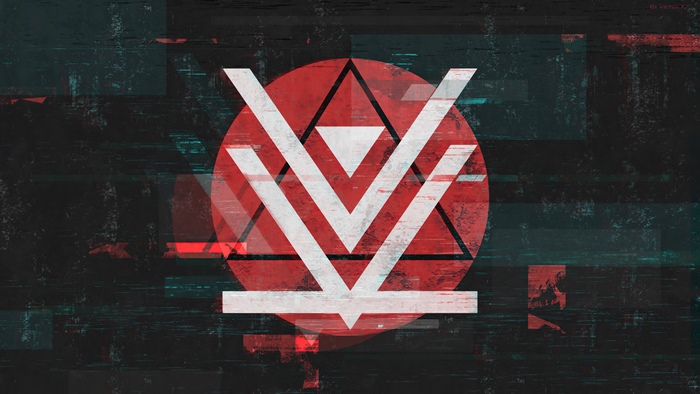 Abstract digital art with red circle and white symbol