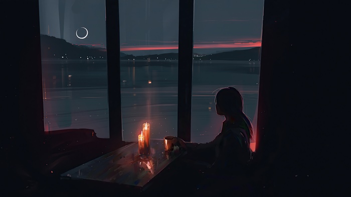 Artwork of a person by a window with candles