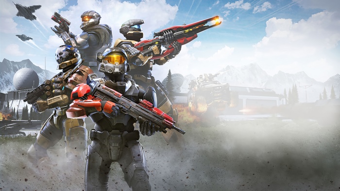 Halo Infinite Spartans with weapons and aircraft