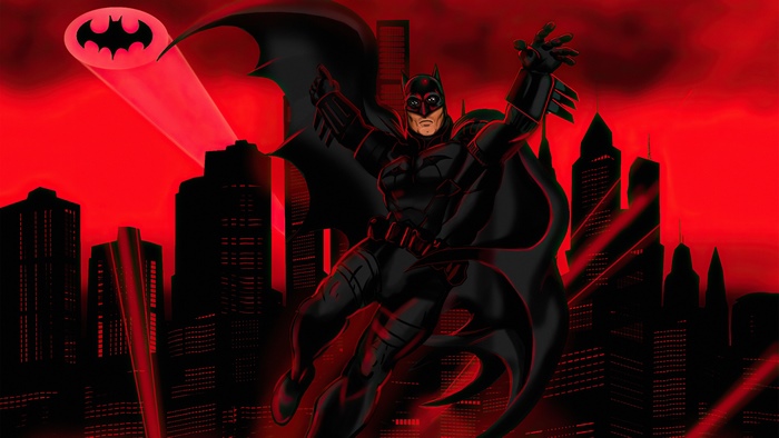 Batman in Gotham City with Bat-Signal