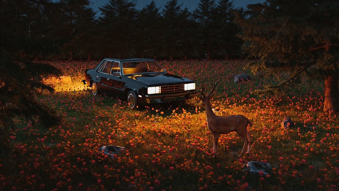 Deer and car in a field of flowers at night
