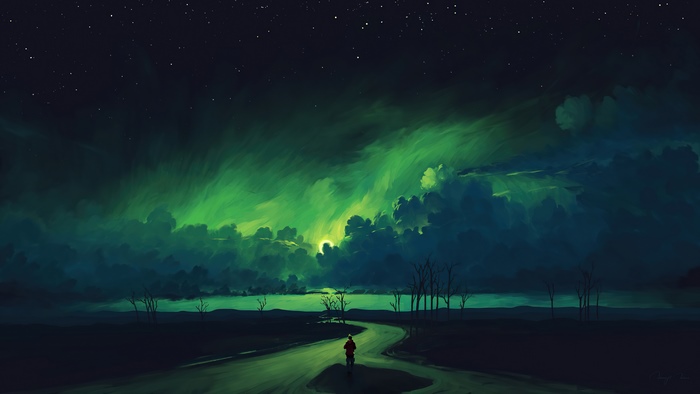 Digital art of a person walking on a road under the aurora