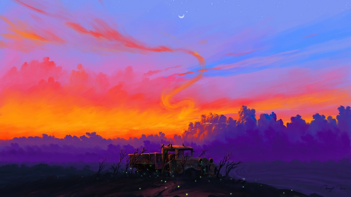 Digital artwork of a truck at twilight