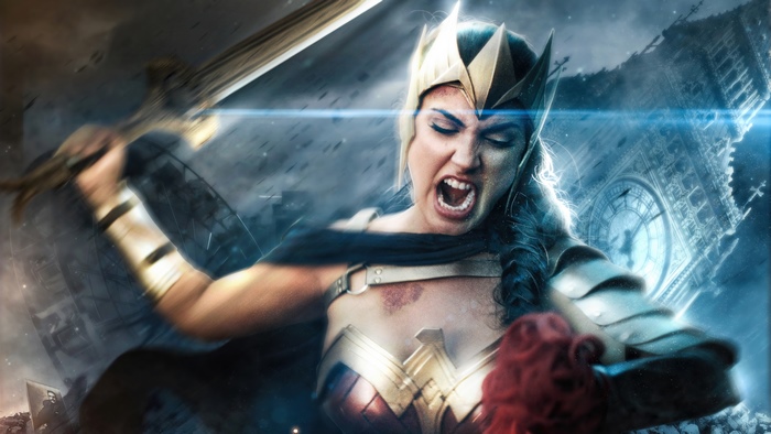 Wonder Woman in battle with Big Ben in background