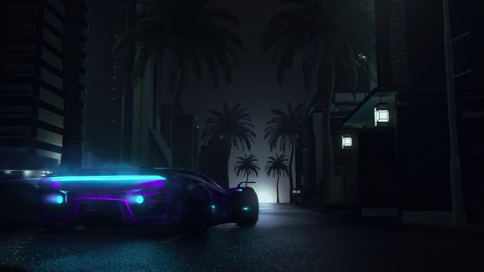 Neon Synthwave Car on a City Street at Night