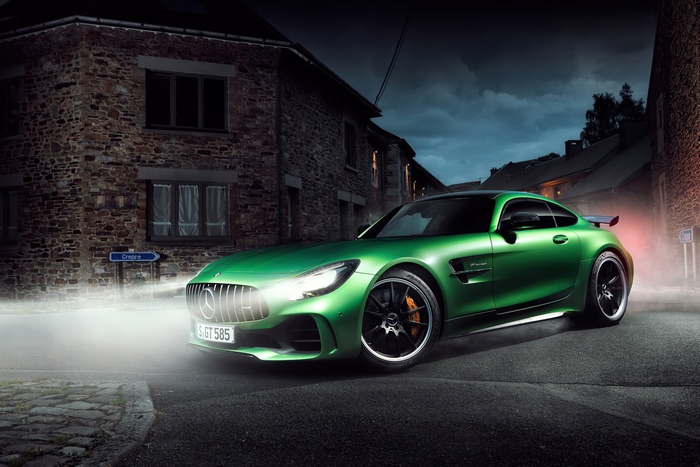 Green Mercedes-AMG GT R on a foggy street