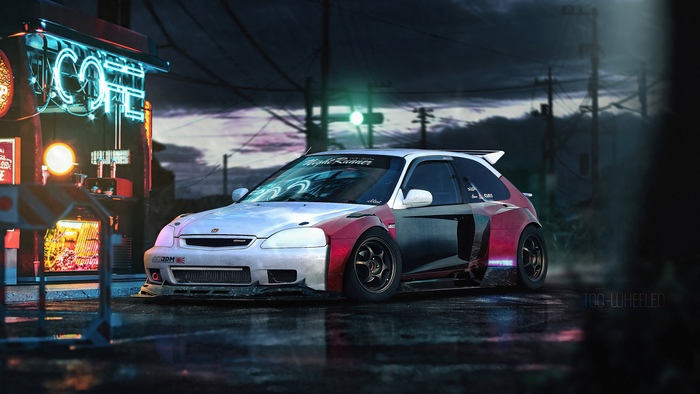 Cyberpunk modified Honda Civic hatchback at night