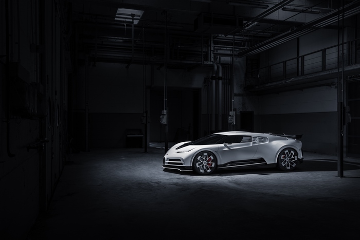 Bugatti Centodieci in a dark industrial setting