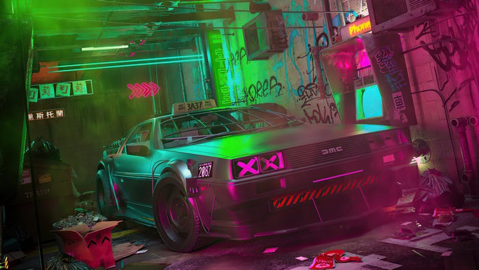Cyberpunk DeLorean taxi in a neon-lit alley