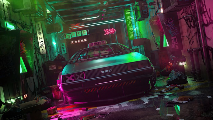 Cyberpunk DeLorean taxi in a neon-lit alley