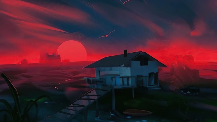 Digital Art of a House by the Water at Sunset
