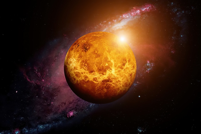 Planet Venus in space with nebula and stars