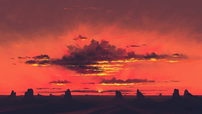 Digital art of a desert sunset with rock formations