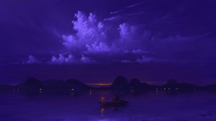 Boat with lantern on a lake at night