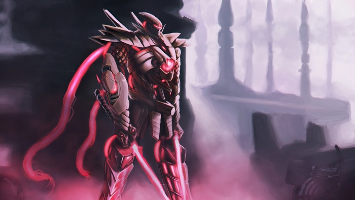 Robot warrior with pink energy in a ruined city