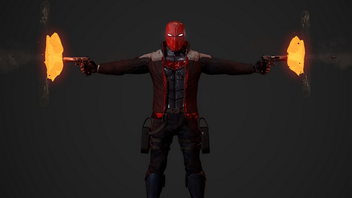 Red Hood firing dual pistols with muzzle flash