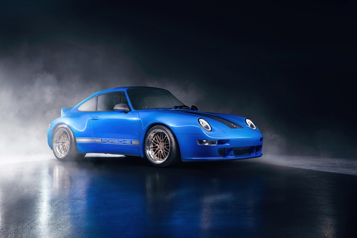 Blue Porsche 911 with racing stripes