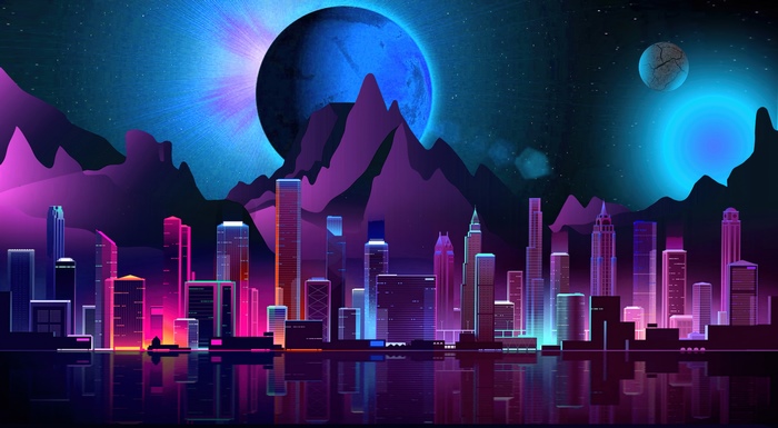 Neon cityscape with planets and mountains