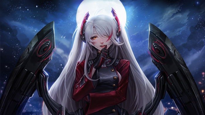 Fantasy girl with white hair and red uniform