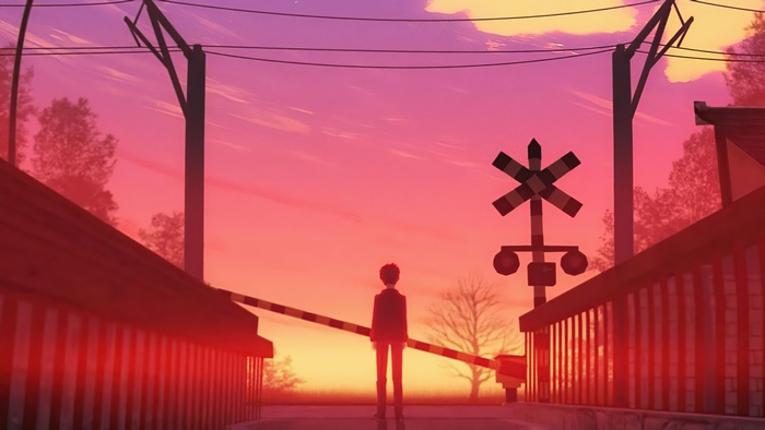 Synthwave Sunset at Railroad Crossing